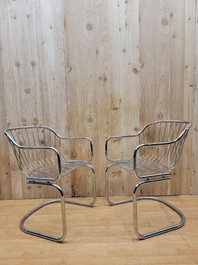 Mid Century Modern Chrome Tubular Mod Cantilever Dining Chairs by Gastone Rinaldi for Rima - Set of 4