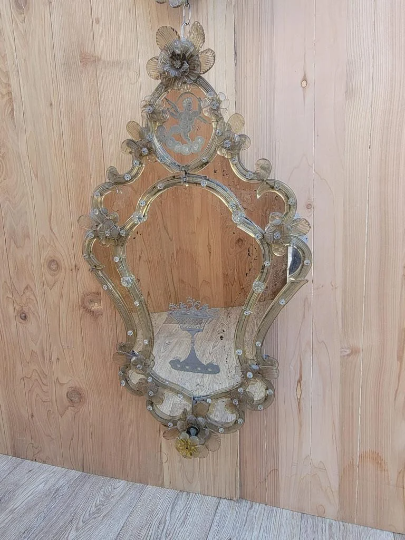 Antique Rare Italian Venetian Etched Floral Glass Wall Mirror - Set of 2