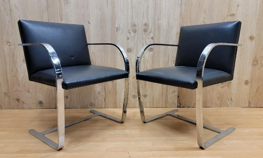 Mid Century Modern BRNO Style Cantilever Chairs in Black Leather - Set of 6