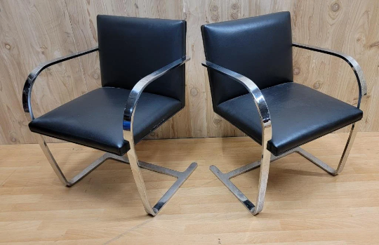 Mid Century Modern BRNO Style Cantilever Chairs in Black Leather - Set of 6