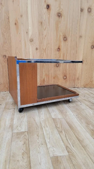 Mid Century Modern Chrome Trimmed Wood with Glass-Top Magazine Trolly on Casters