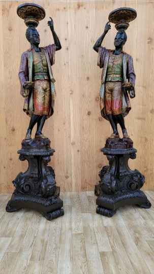 Antique Style Venetian Hand Carved & Pained Blackamoor Sculptures - Set of 2