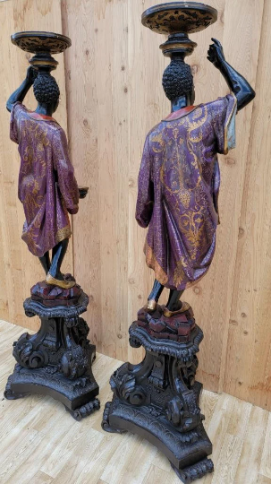Antique Style Venetian Hand Carved & Pained Blackamoor Sculptures - Set of 2