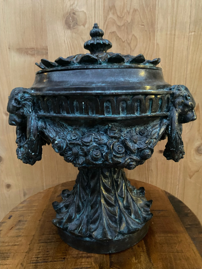 Vintage Neoclassical Cast Bronze Lions Head Urn by Maitland Smith