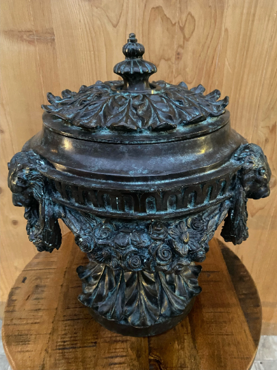 Vintage Neoclassical Cast Bronze Lions Head Urn by Maitland Smith