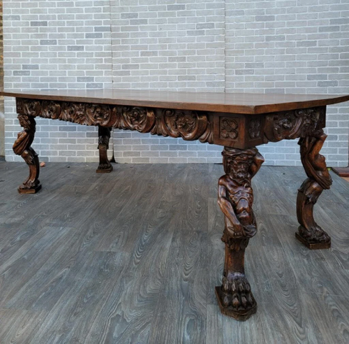 Antique French Renaissance Hand Carved Solid Walnut Figural Dining Table