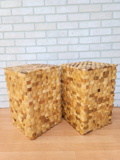 Rustic Recycled Stacked Teak Wood Tower Side Tables - Set of 2
