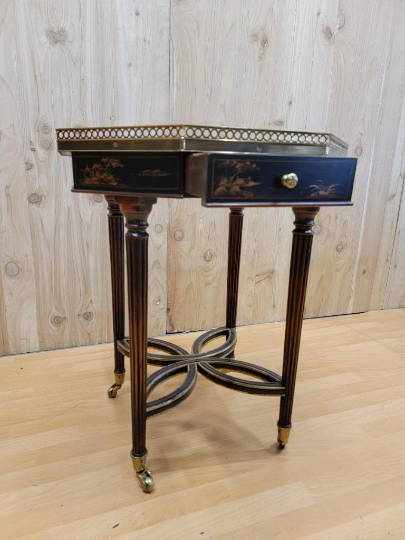 Hollywood Regency Chinoiserie Octagonal Black Lacquered and Gold Dual Drawer Accent Table