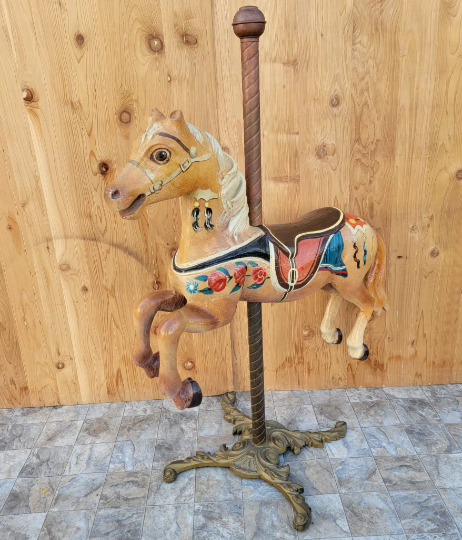 Antique French Carved Solid Wood Hand Painted Carousel Horse