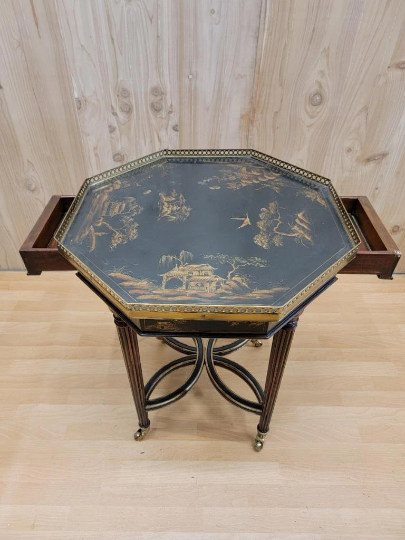 Hollywood Regency Chinoiserie Octagonal Black Lacquered and Gold Dual Drawer Accent Table