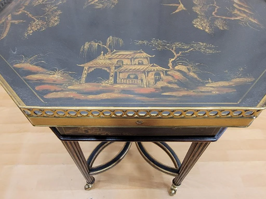 Hollywood Regency Chinoiserie Octagonal Black Lacquered and Gold Dual Drawer Accent Table