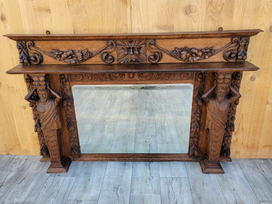 Antique Neoclassical Hand Carved Figural and Foliate Quarter-Sawn Fireplace Mantel Beveled Mirror Topper