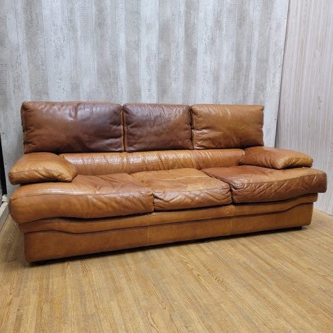 Vintage Italian Distressed Cognac Leather 3 Seat Sofa