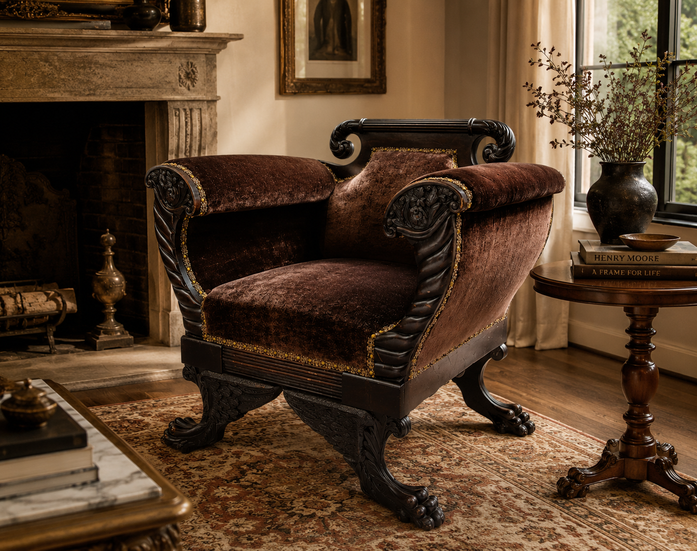 American Empire Mahogany Lounge Chair Newly Reupholstered