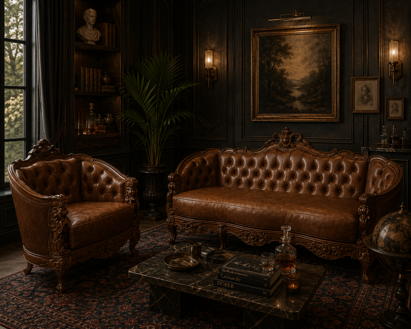 Antique Italian Rococo Style Tufted Lion Motif Sofa and Chair Set Newly Reupholstered