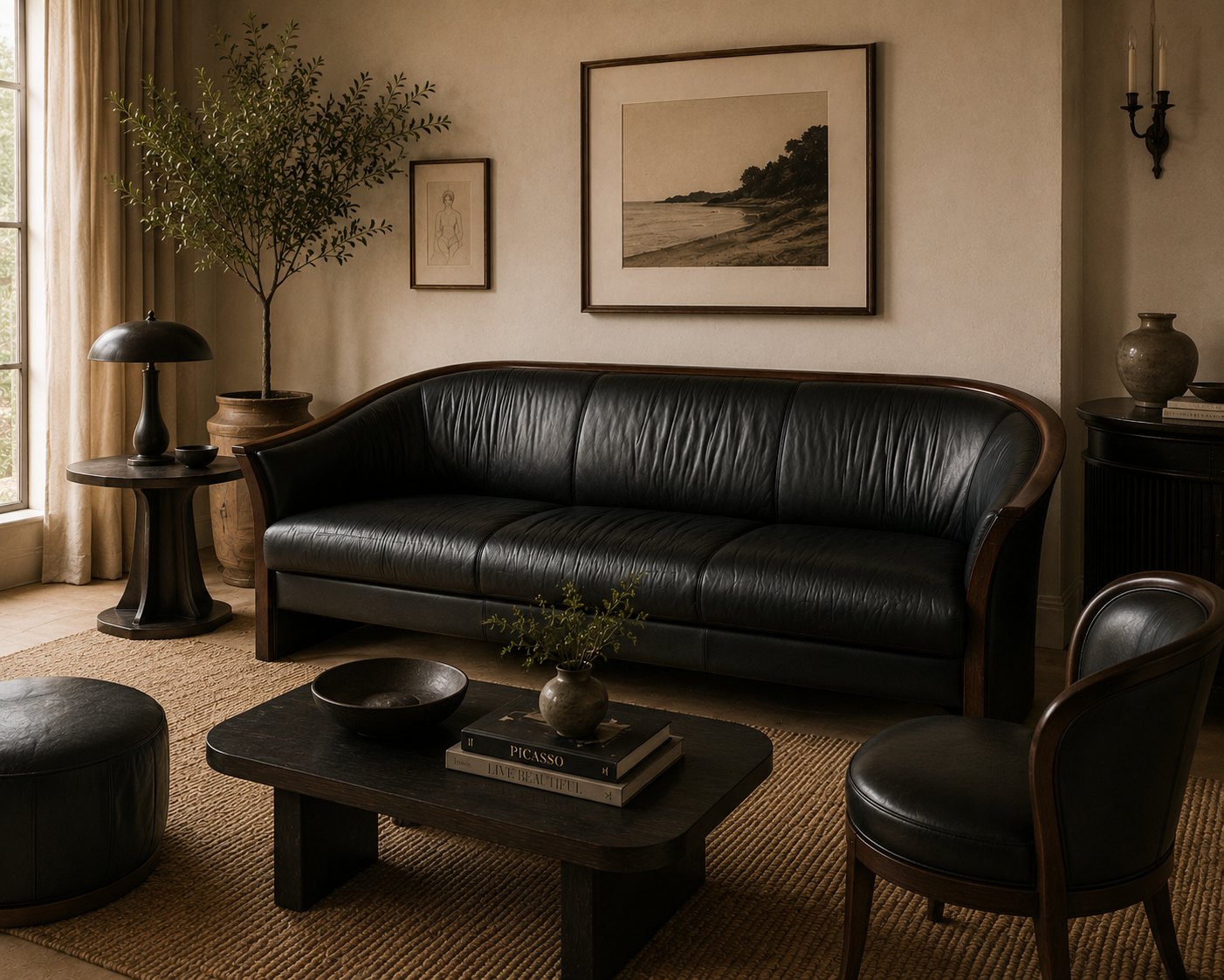 Vintage Ekornes Scandinavian Modern Black Leather Sofa with Rosewood Accents