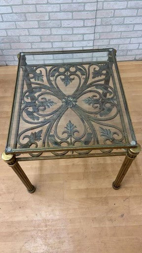 Hollywood Regency Antique Gold Forged Wrought Iron Glass Top Side Tables - Pair
