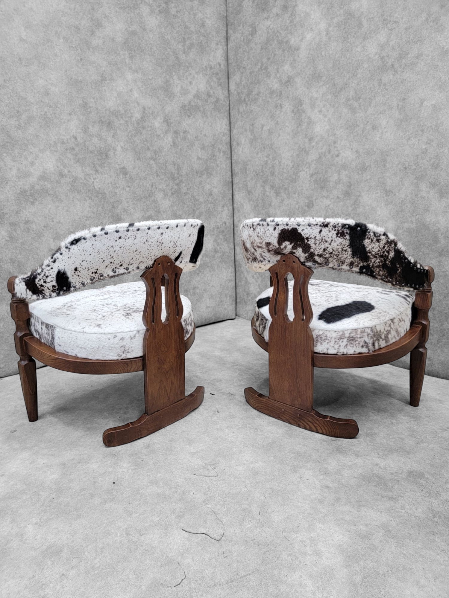 Modern Asian Inspired Carved Curved Back 3 Leg Dining Chairs Upholstered in Cowhide - Set of 4