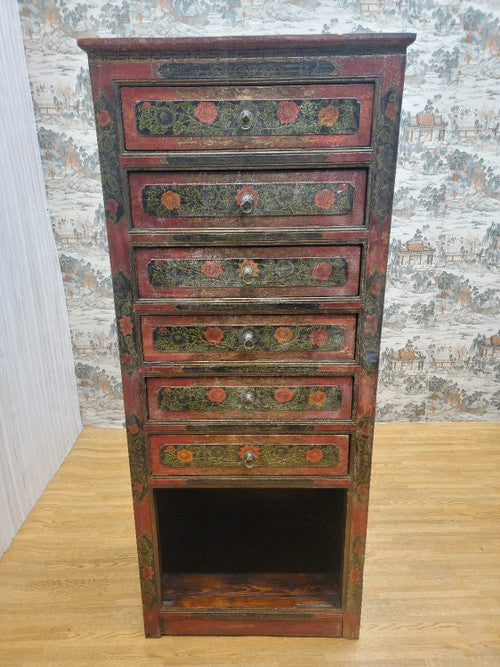 Antique Hand Painted Tibetan Cabinet with Drawers and Display Shelf