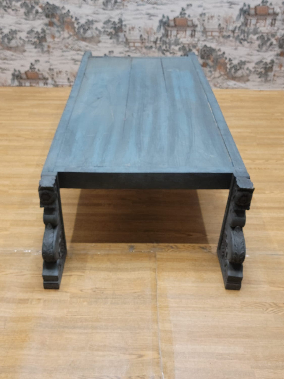 Vintage Shanxi Province Slate Elmwood Coffee Table with Carved Legs