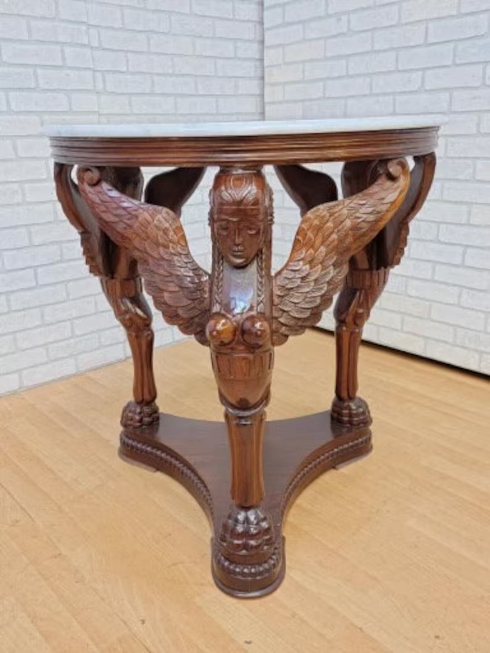 Antique Neoclassical Carved Figural Pedestal Base Marble Top Hall Table