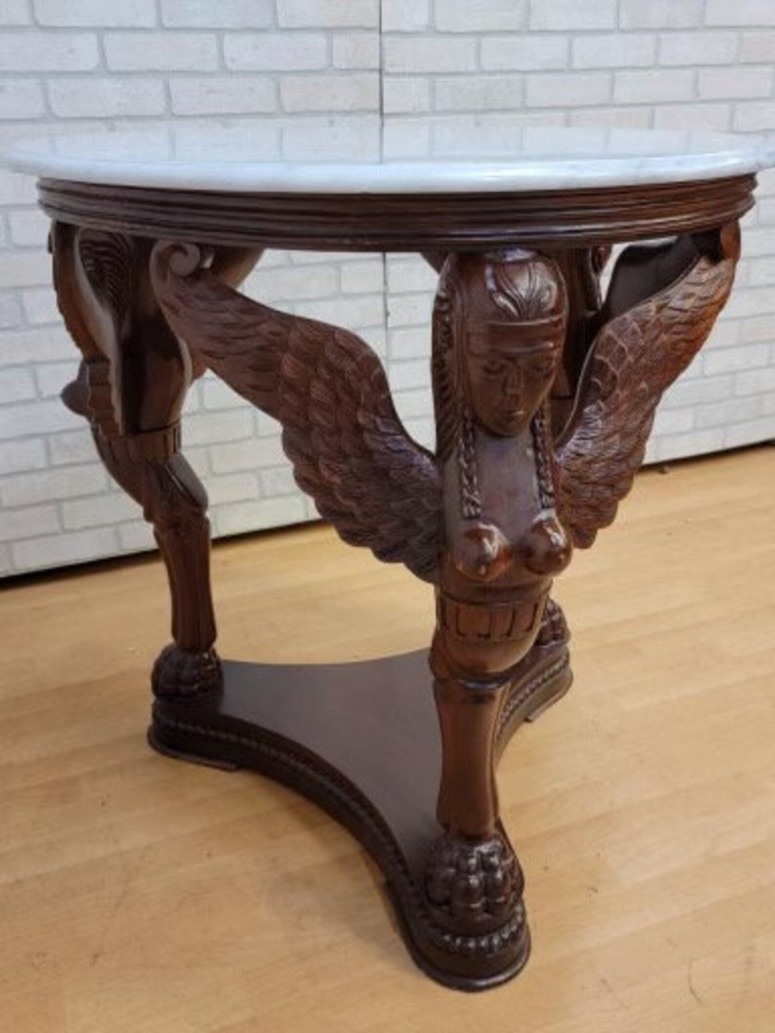 Antique Neoclassical Carved Figural Pedestal Base Marble Top Hall Table