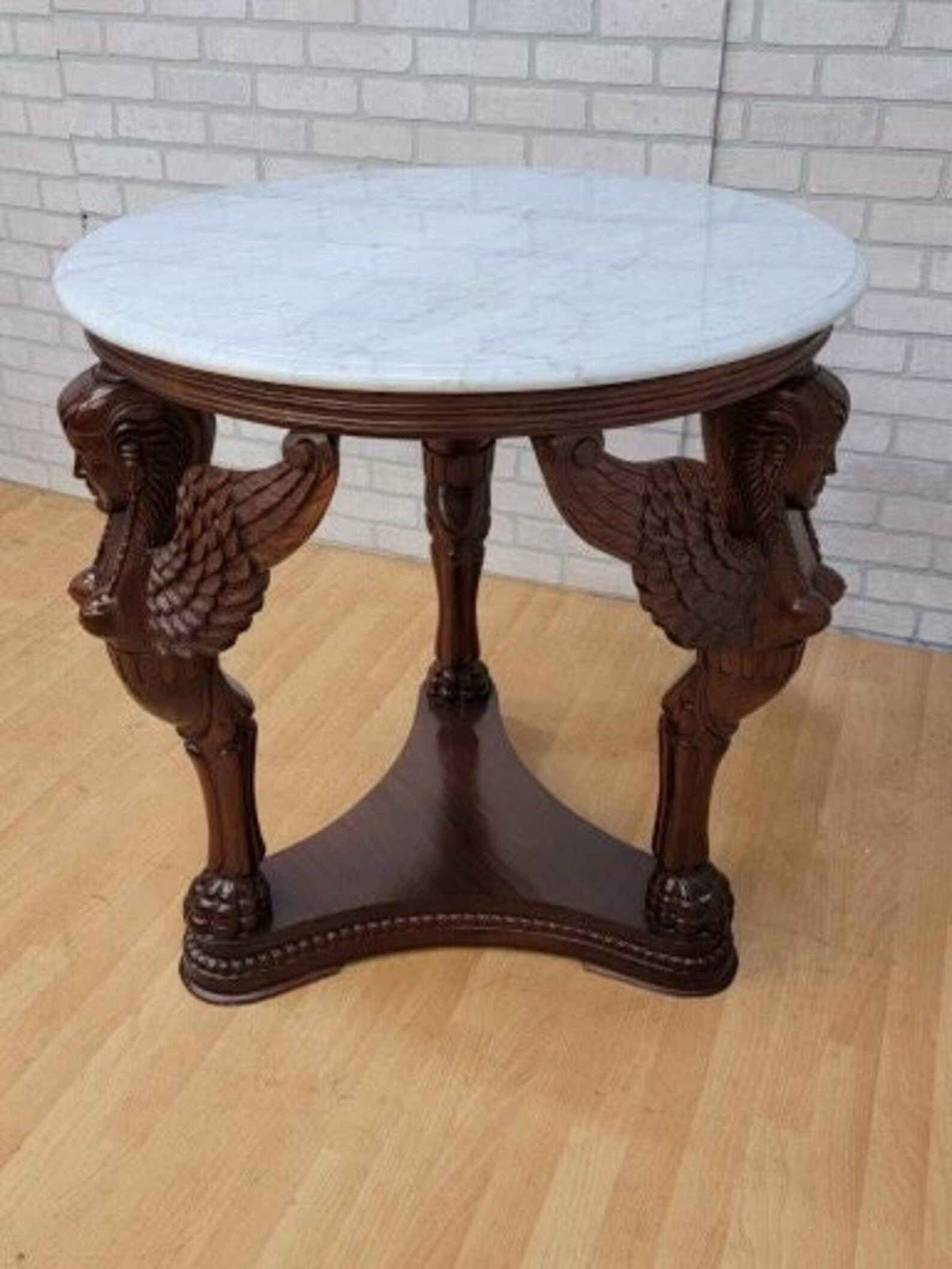 Antique Neoclassical Carved Figural Pedestal Base Marble Top Hall Table
