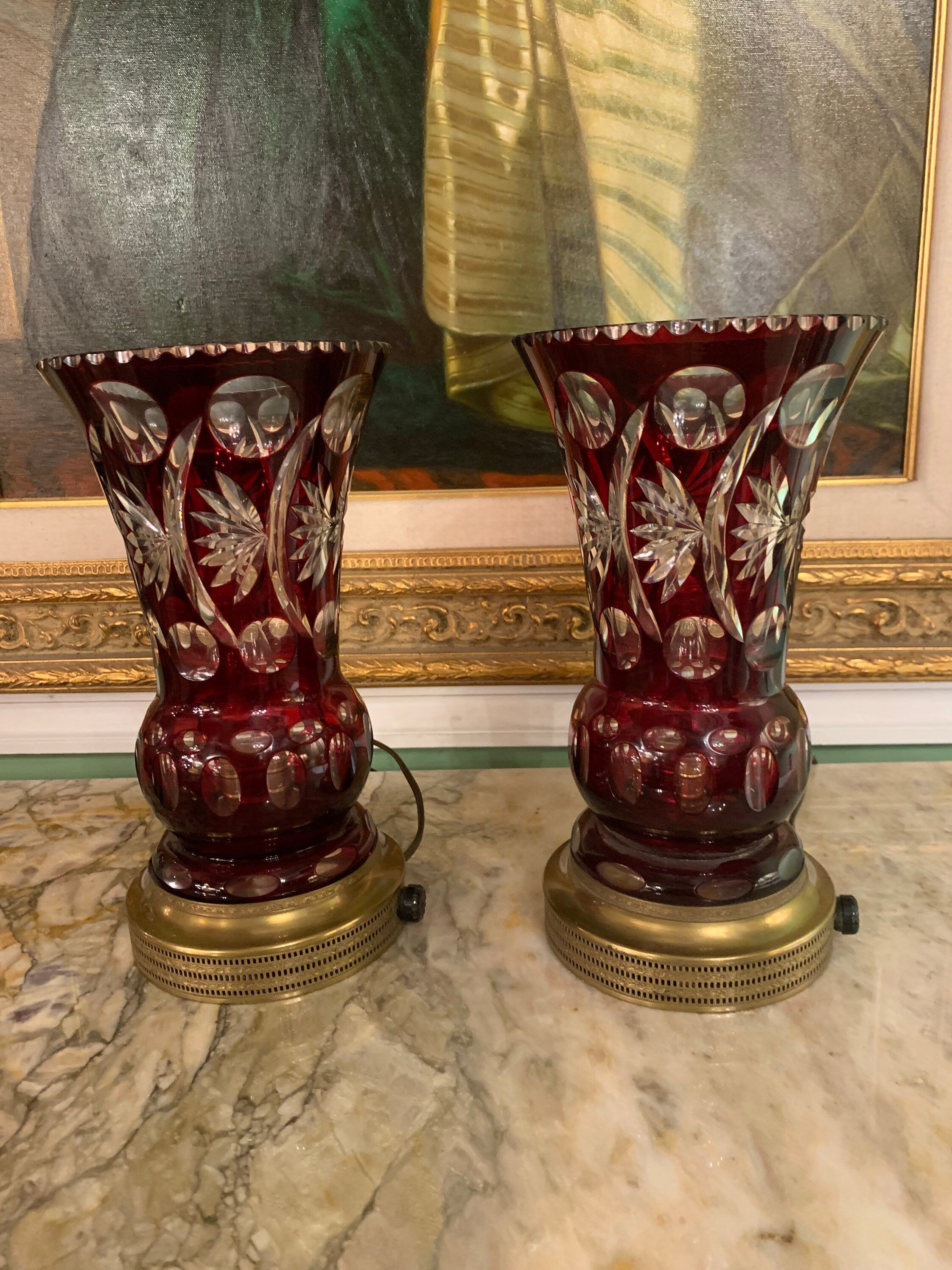 Antique Cranberry Crystal Table Lamps - Pair