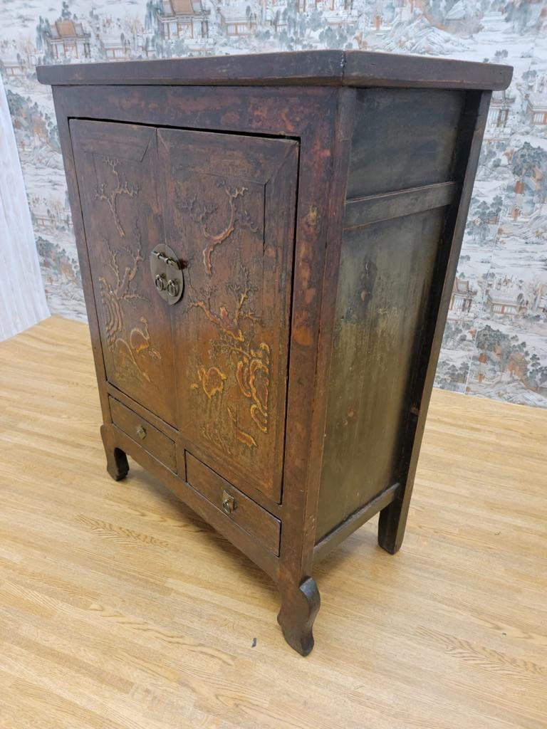 Antique Shanxi Province Elmwood Lacquered Cabinet with Painting on Doors