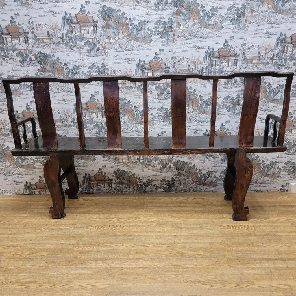 Handcrafted Vintage Shanxi Province Elm Bench Featuring Rare Top Hat Court Official Carving