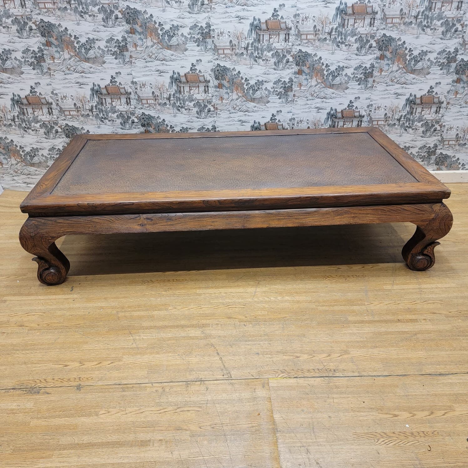 Antique Shanxi Province Curved-Leg Elm Coffee Table with Reinforced Rattan Top