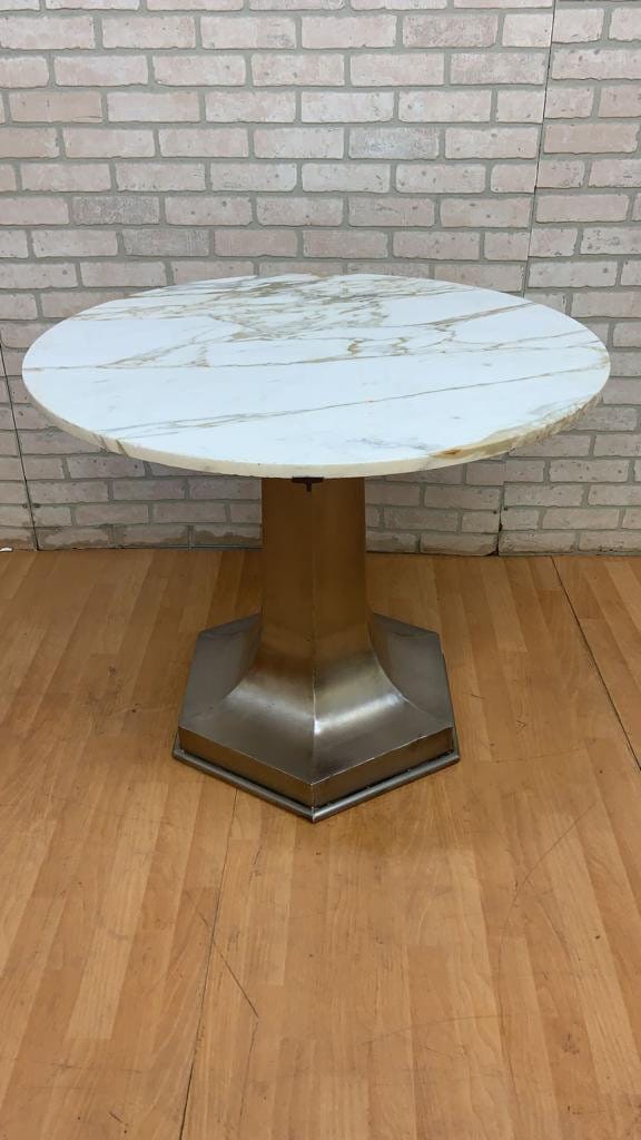 Mid Century Modern Structural Metal Octagonal Pedestal Base Italian Marble Top Hall/Flower/Cocktail/Dinette Table - Pair