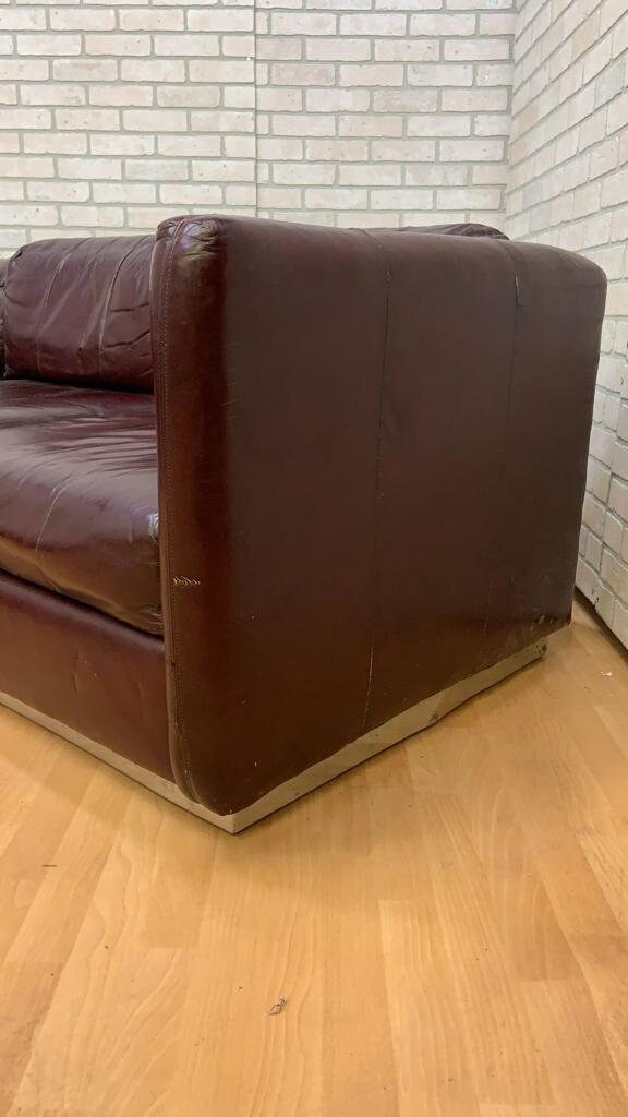 Mid Century Modern Ward Bennett Style Parlor Sofas on Chrome Bases in Original Burgundy Leather - Set of 2
