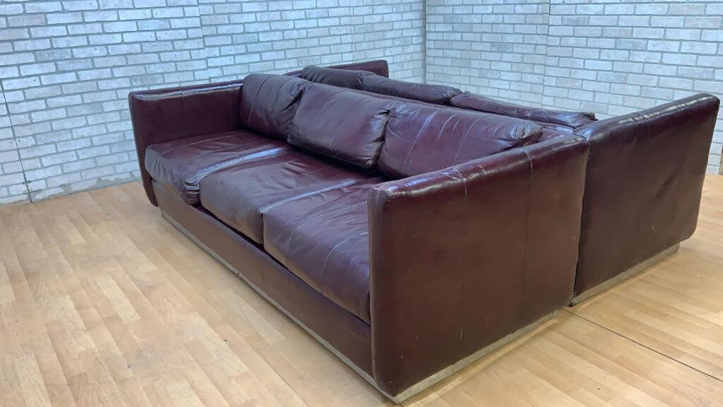 Mid Century Modern Ward Bennett Style Parlor Sofas on Chrome Bases in Original Burgundy Leather - Set of 2