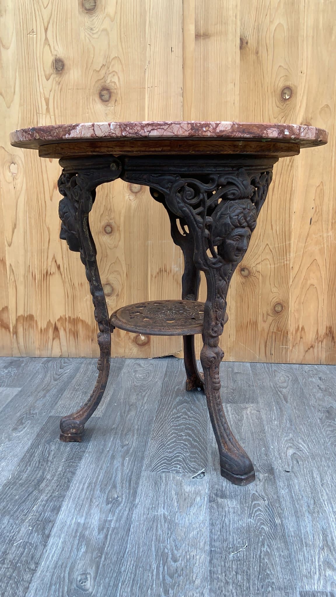 Antique Neoclassical Cast Iron Marble Top English Pub Table