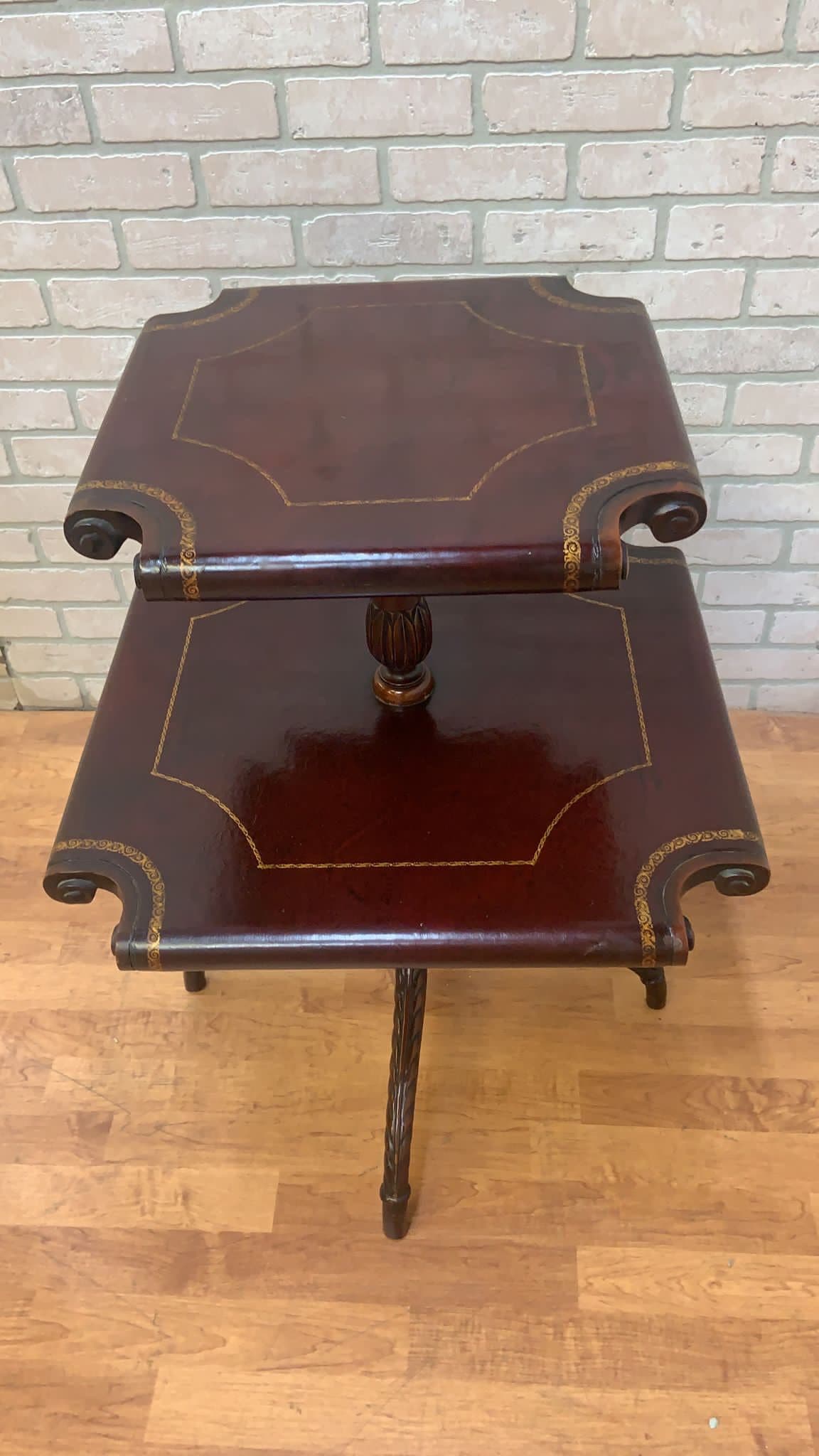 Antique English Sheraton Style Scrolled & Carved Mahogany Two-Tier Tooled Leather Wrapped Side Table