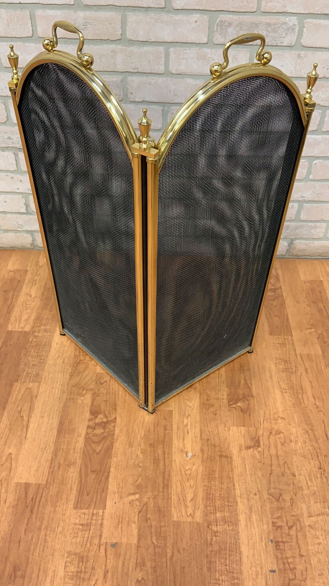 Vintage Mid Century Modern Black Mesh with Brass Ball Handles Finials Folding 4 Panel  Hearth Accessory Fire Place Decor