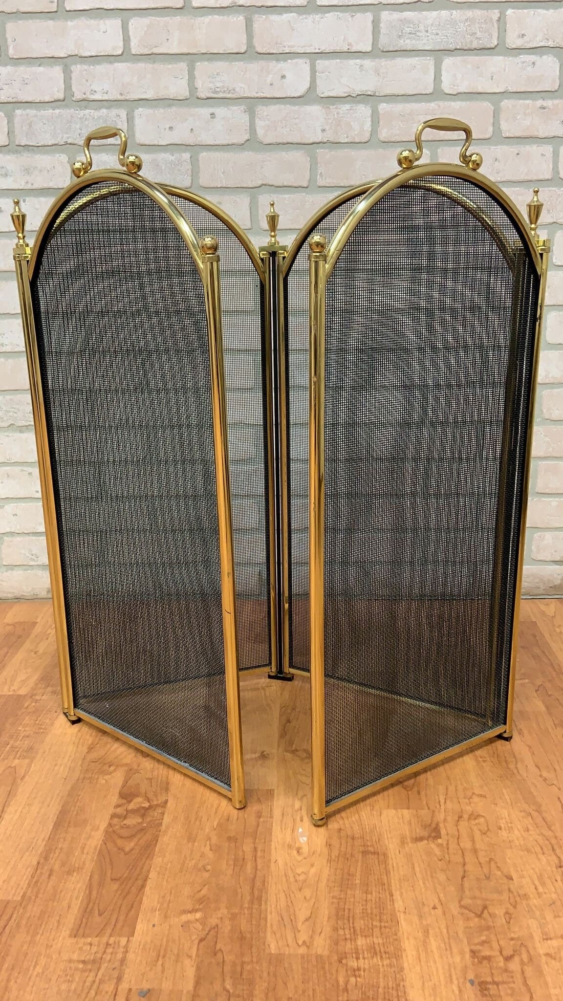 Vintage Mid Century Modern Black Mesh with Brass Ball Handles Finials Folding 4 Panel  Hearth Accessory Fire Place Decor