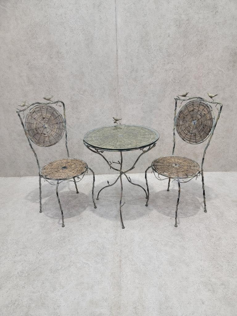 Vintage French Hand-Forged Patinated Metal Bird Bistro Glass Top Table and Chairs - 3 Piece Set