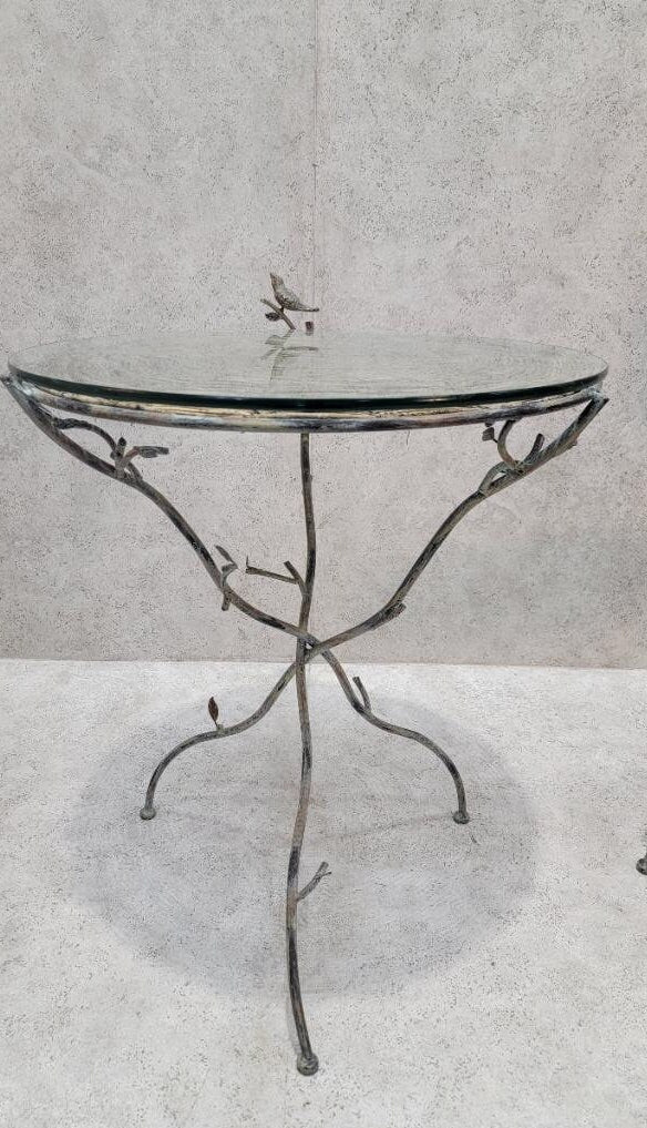 Vintage French Hand-Forged Patinated Metal Bird Bistro Glass Top Table and Chairs - 3 Piece Set