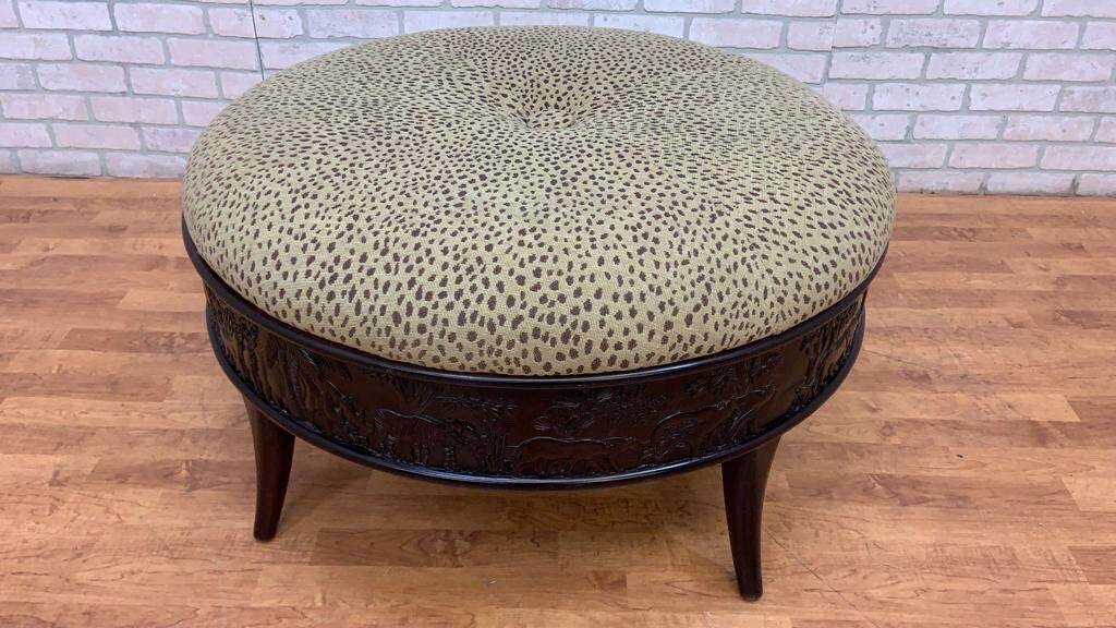 Sam Moore Round Cocktail Ottoman With Carved Frame and Cheetah Print Upholstery