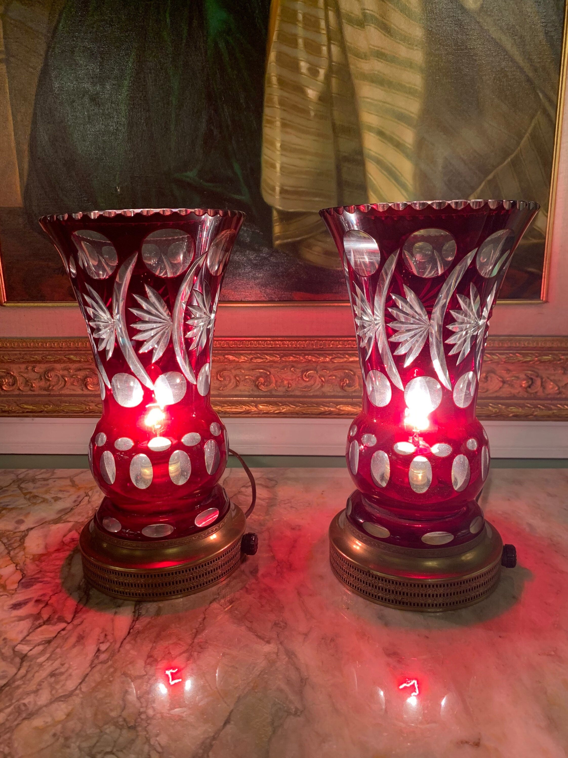 Antique Cranberry Crystal Table Lamps - Pair