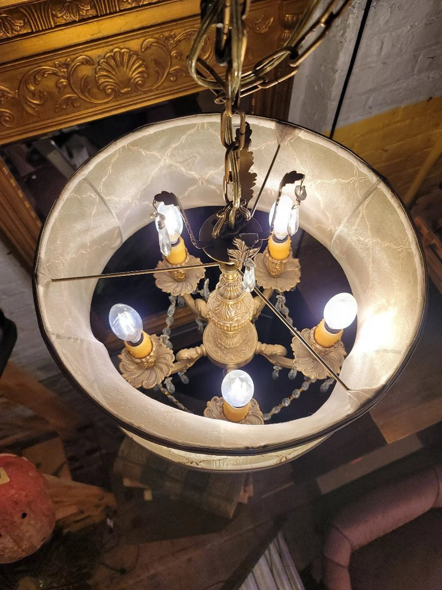 Antique Brass Gold Embroidered Silk Shade Crystal Chandelier