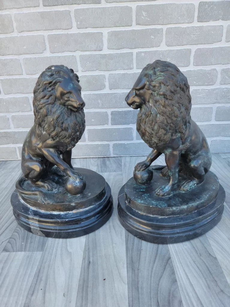 Antique Bronze Lion Sculpture Statues - Pair