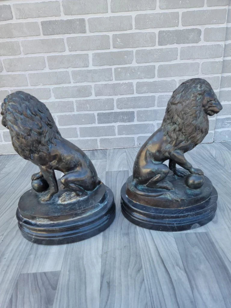 Antique Bronze Lion Sculpture Statues - Pair