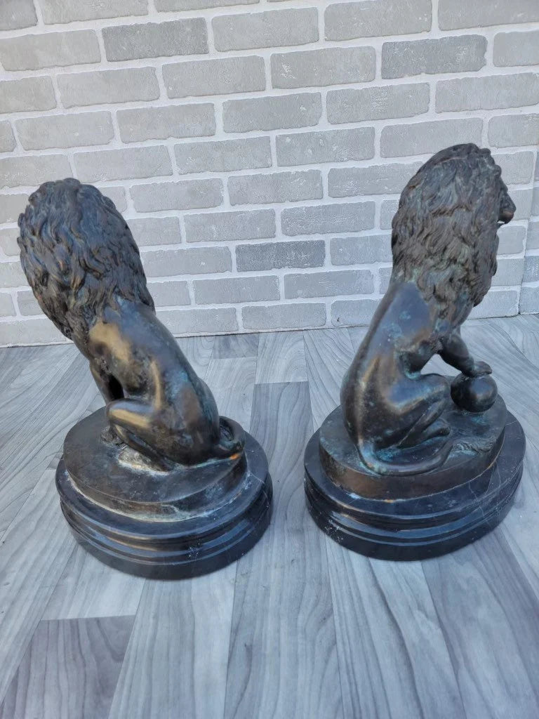 Antique Bronze Lion Sculpture Statues - Pair