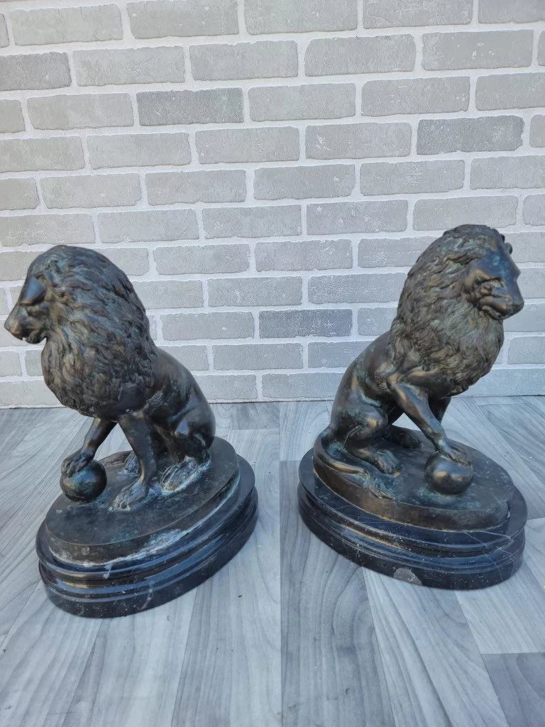 Antique Bronze Lion Sculpture Statues - Pair