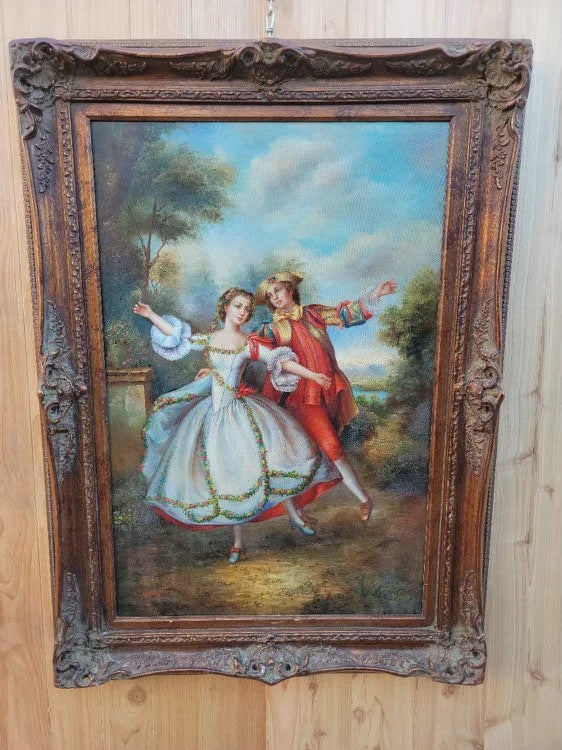 Vintage Victorian Courting Scene Painting in a Carved Ornate Wood Frame