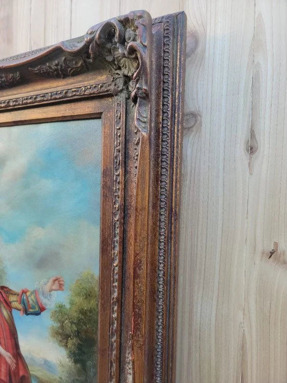 Vintage Victorian Courting Scene Painting in a Carved Ornate Wood Frame