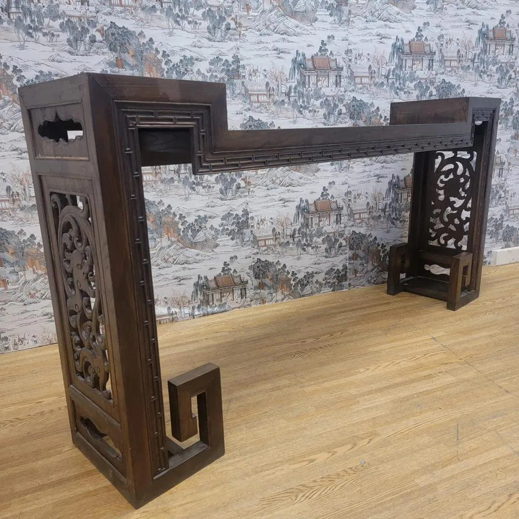 Antique Shanxi Province Elm Carved Side Altar Table with Turned Legs